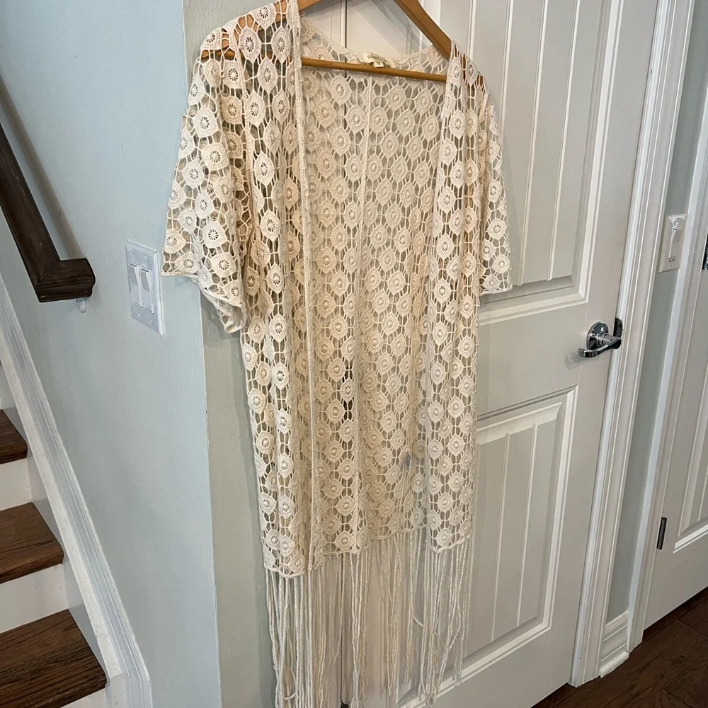 Rebellion Cotton Fringe Open Front Cardigan Kimono Boho Festival XS Cream